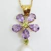 9ct Yellow Gold Pearl, Amethyst & Peridot Large Flower Pendant on Gold Chain