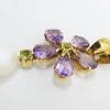 9ct Yellow Gold Pearl. Amethyst & Peridot Large Flower Pendant on Gold Chain