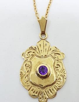 9ct Yellow Gold Amethyst Large Medallion / Shield Pendant on Gold Chain