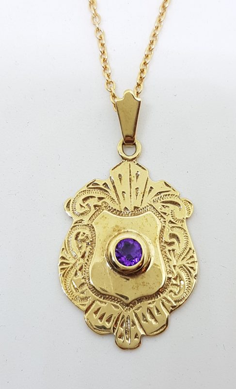 9ct Yellow Gold Amethyst Large Medallion / Shield Pendant on Gold Chain