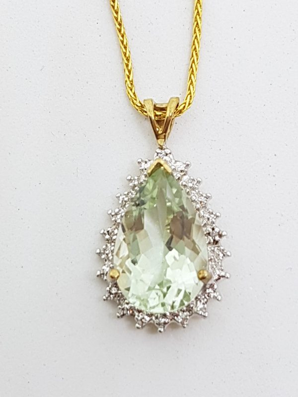 20200428_081041 9ct Yellow Gold Green Amethyst / Prasiolite & Diamond Cluster Teardrop Shape Pendant on Gold Chain