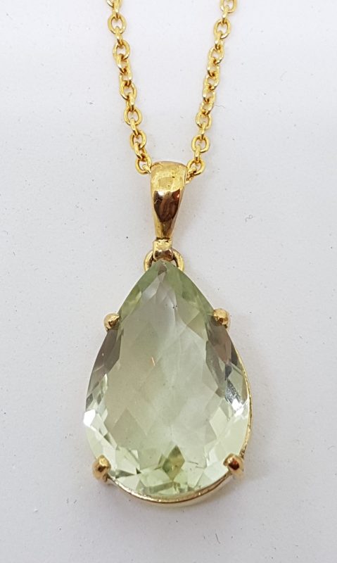 9ct Yellow Gold Green Amethyst / Prasiolite Claw Set Teardrop Shape Pendant on Gold Chain