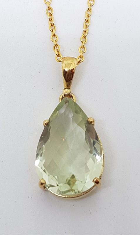 9ct Yellow Gold Green Amethyst / Prasiolite Claw Set Teardrop Shape Pendant on Gold Chain