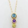 9ct Yellow Gold Topaz, Amethyst and Peridot Pendant on Gold Chain
