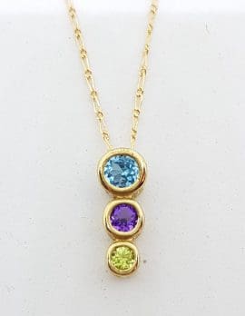 9ct Yellow Gold Topaz, Amethyst and Peridot Pendant on Gold Chain