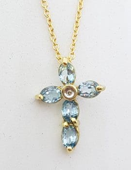 9ct Yellow Gold Oval Topaz & Diamond Dainty Cross / Crucifix Pendant on Gold Chain