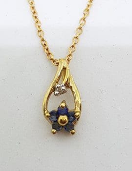 9ct Yellow Gold Sapphire & Diamond Dainty Flower Pendant on Gold Chain