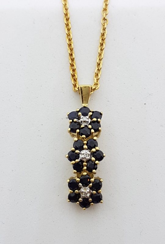 9ct Yellow Gold Sapphire & Diamond Three Daisy Flower Drop Pendant on Gold Chain