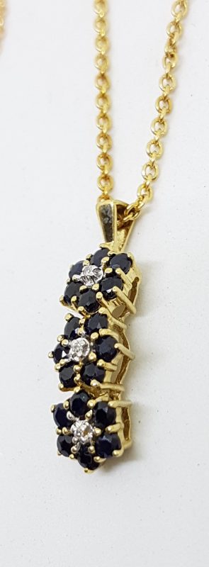 9ct Yellow Gold Sapphire & Diamond Three Daisy Flower Drop Pendant on Gold Chain