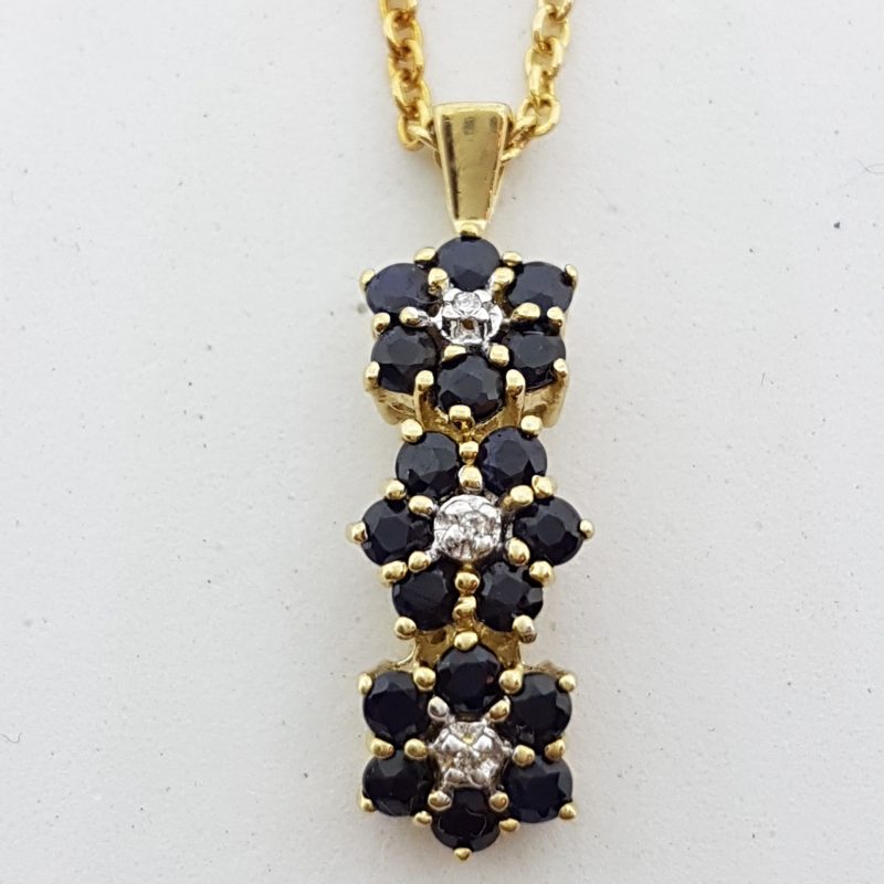 9ct Yellow Gold Sapphire & Diamond Three Daisy Flower Drop Pendant on Gold Chain