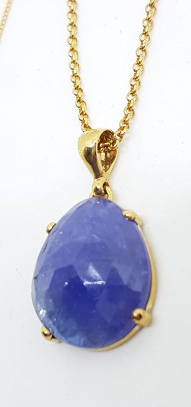9ct Yellow Gold Large Natural Teardrop / Pear Shape Tanzanite Pendant on Gold Chain