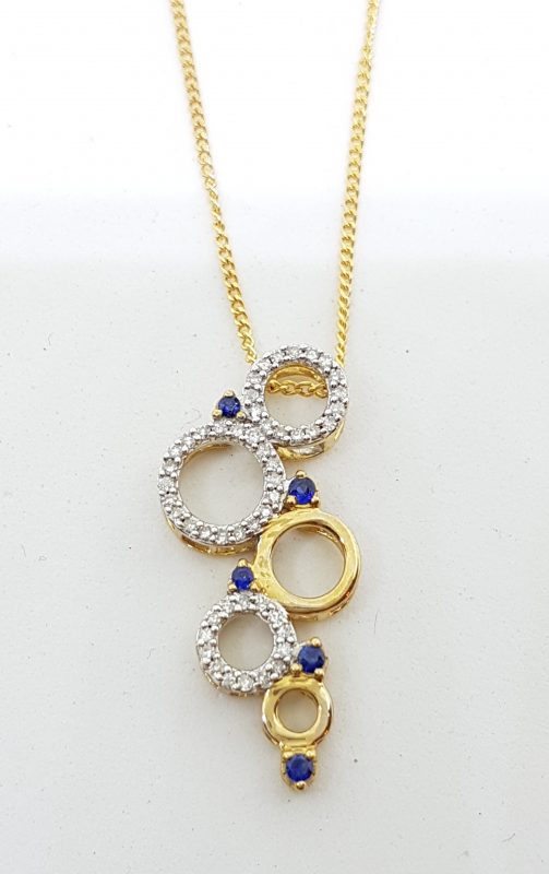 9ct Yellow Gold Sapphire & Diamond Hoops / Rings / Circles Large Pendant on Gold Chain