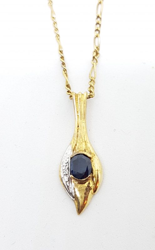 9ct Yellow Gold Sapphire & Diamond Oval Long Pendant on Gold Chain
