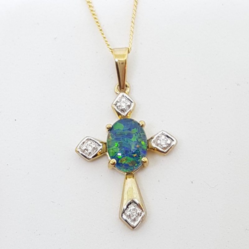 9ct Yellow Gold Opal & Diamond Cross / Crucifix Pendant on Gold Chain