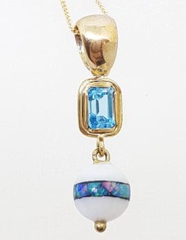 9ct Yellow Gold Opal, Agate and Topaz Handmade Drop Pendant on Gold Chain
