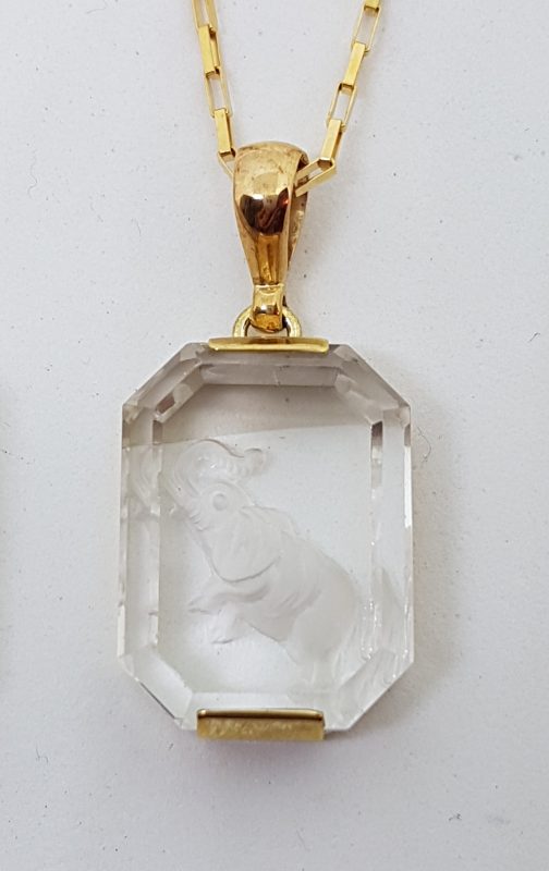 20200428_082748 9ct Yellow Gold Clear Quartz Carved Elephant Pendant on Gold Chain - Available in Three Sizes
