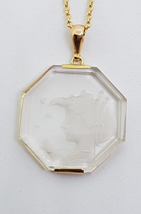 9ct Yellow Gold Large Octagonal Clear Quartz Carved Lady Pendant on Gold Chain