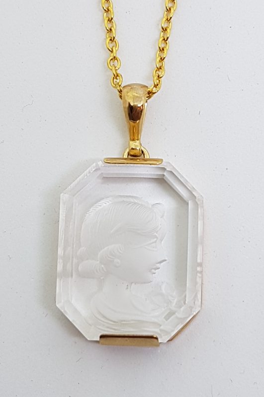 20200428_082833 9ct Yellow Gold Large Rectangular Clear Quartz Carved Lady Pendant on Gold Chain