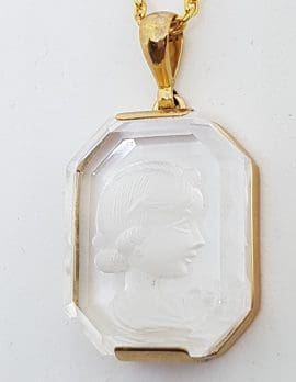 9ct Yellow Gold Large Rectangular Clear Quartz Carved Lady Pendant on Gold Chain