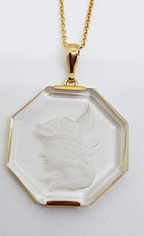 9ct Yellow Gold Large Octagonal Clear Quartz Carved Lady Pendant on Gold Chain