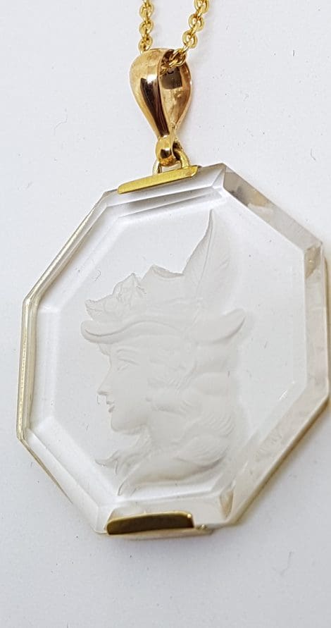 9ct Yellow Gold Large Octagonal Clear Quartz Carved Lady Pendant on Gold Chain