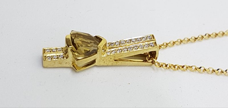 9ct Yellow Gold Smokey Quartz & Diamond Pendant on Gold Chain