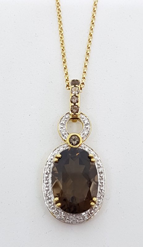 9ct Yellow Gold Smokey Quartz & Diamond Oval Pendant on Gold Chain