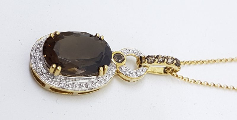 9ct Yellow Gold Smokey Quartz & Diamond Oval Pendant on Gold Chain