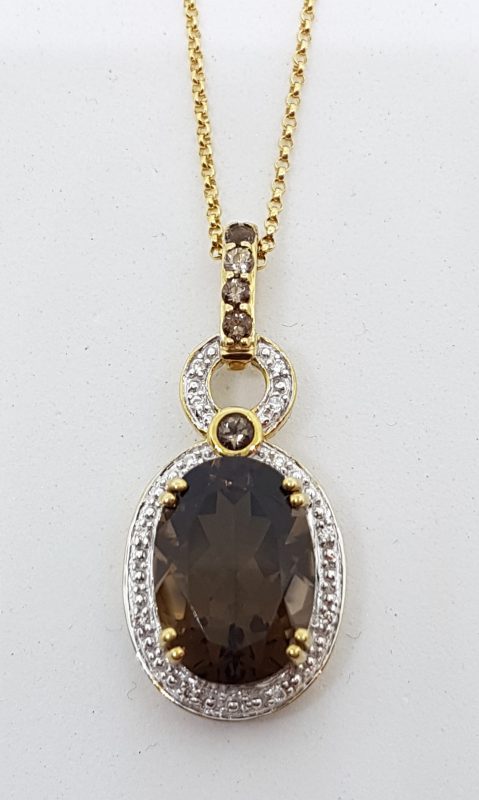 9ct Yellow Gold Smokey Quartz & Diamond Oval Pendant on Gold Chain