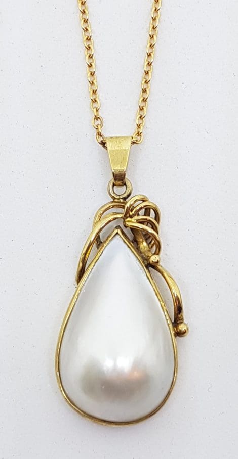 9ct Yellow Gold Large Teardrop Shape White Mabe Pearl Ornate Pendant on Gold Chain