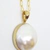 9ct Yellow Gold Large Round White Mabe Pearl Ornate Pendant on Gold Chain
