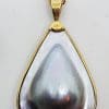 9ct Yellow Gold Large Teardrop Shape Grey / Blue / Black Mabe Pearl Ornate Pendant on Gold Chain