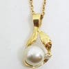 14ct Yellow Gold Cultured Pearl & Diamond Ornate Leaf Design Pendant on Gold Chain