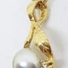 14ct Yellow Gold Cultured Pearl & Diamond Ornate Leaf Design Pendant on Gold Chain