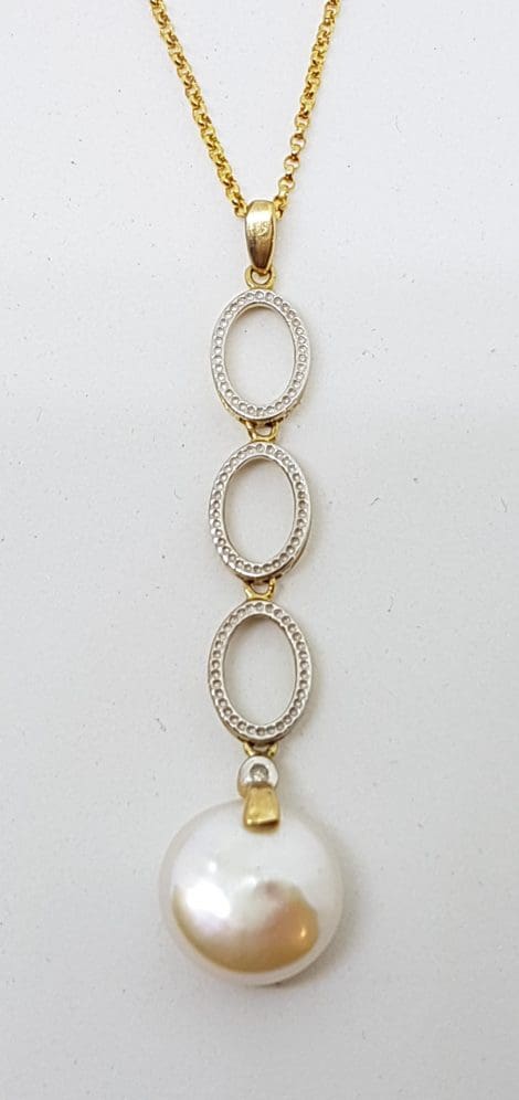 9ct Yellow Gold Pearl & Diamond Long Drop Pendant on Gold Chain