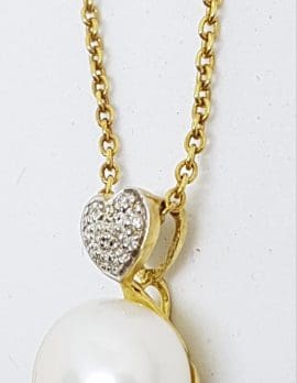 9ct Yellow Gold Pearl & Diamond Heart Pendant on Gold Chain