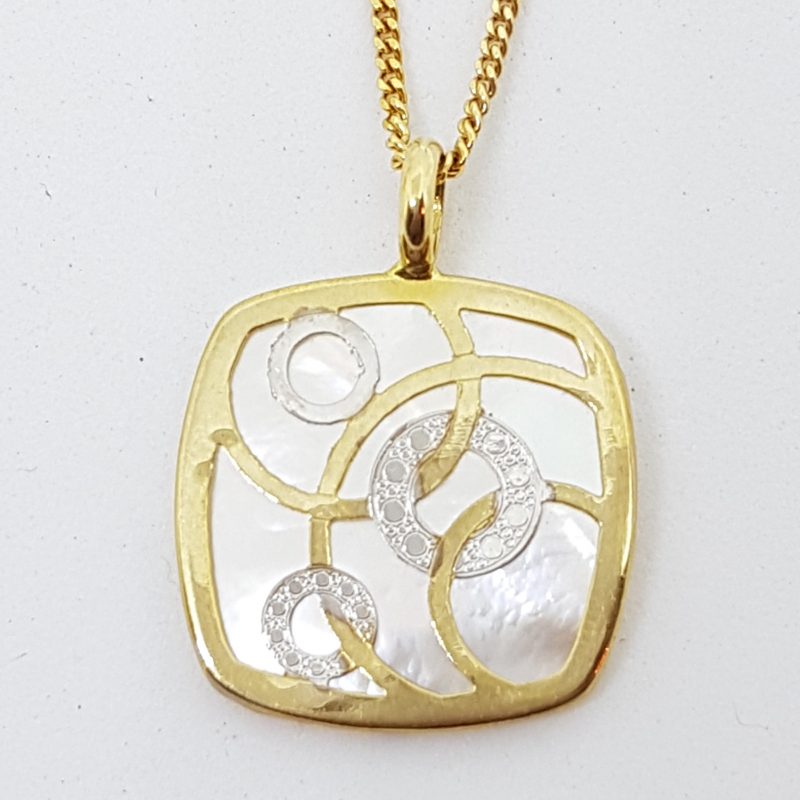 20200428_104636 9ct Yellow Gold Mother of Pearl Square with Circles Pendant on Gold Chain