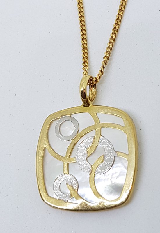 20200428_104655 9ct Yellow Gold Mother of Pearl Square with Circles Pendant on Gold Chain