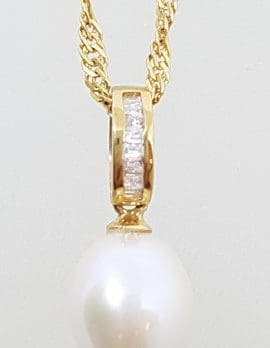 9ct Yellow Gold Pearl & Channel Set Diamond Pendant on Gold Chain