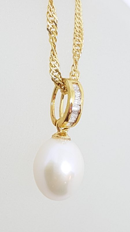 9ct Yellow Gold Pearl & Channel Set Diamond Pendant on Gold Chain