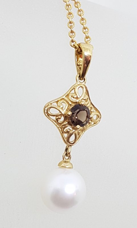 9ct Yellow Gold Pearl & Smokey Quartz Ornate Filigree Pendant on Gold Chain