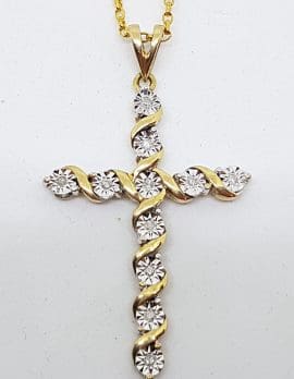 9ct Yellow Gold Diamond Large Diamond Cross / Crucifix Pendant on Gold Chain