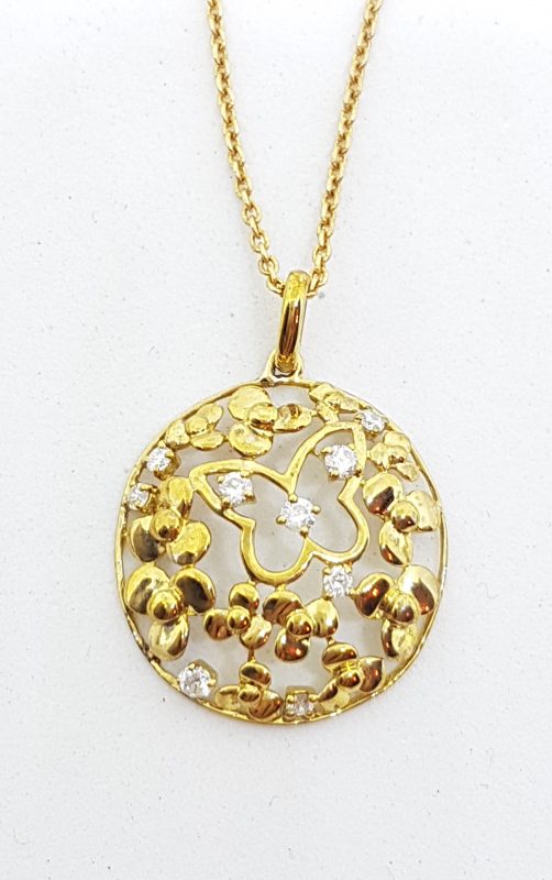 9ct Yellow Gold Diamond Round Ornate Filigree Butterfly Pendant on Gold Chain