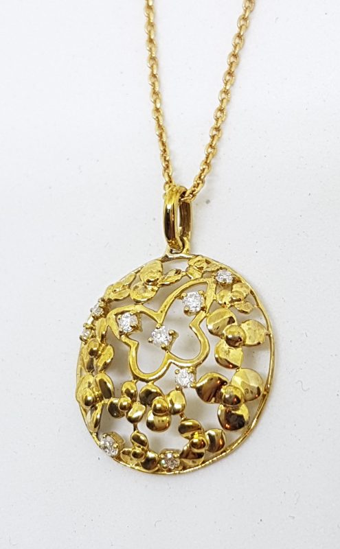 9ct Yellow Gold Diamond Round Ornate Filigree Butterfly Pendant on Gold Chain