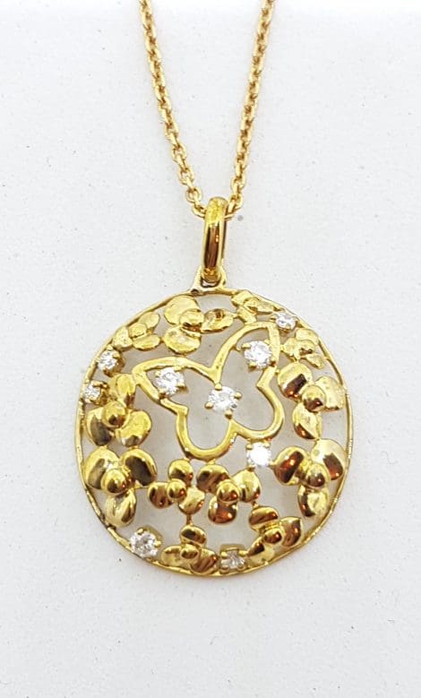 9ct Yellow Gold Diamond Round Ornate Filigree Butterfly Pendant on Gold Chain