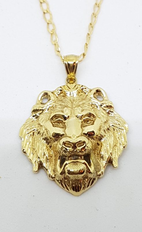 9ct Yellow Gold Large 3D Lion Head Pendant on Gold Chain