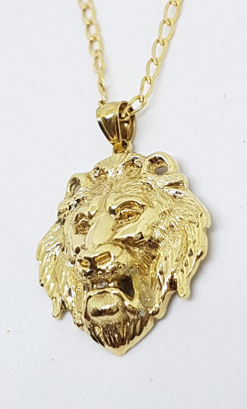 9ct Yellow Gold Large 3D Lion Head Pendant on Gold Chain