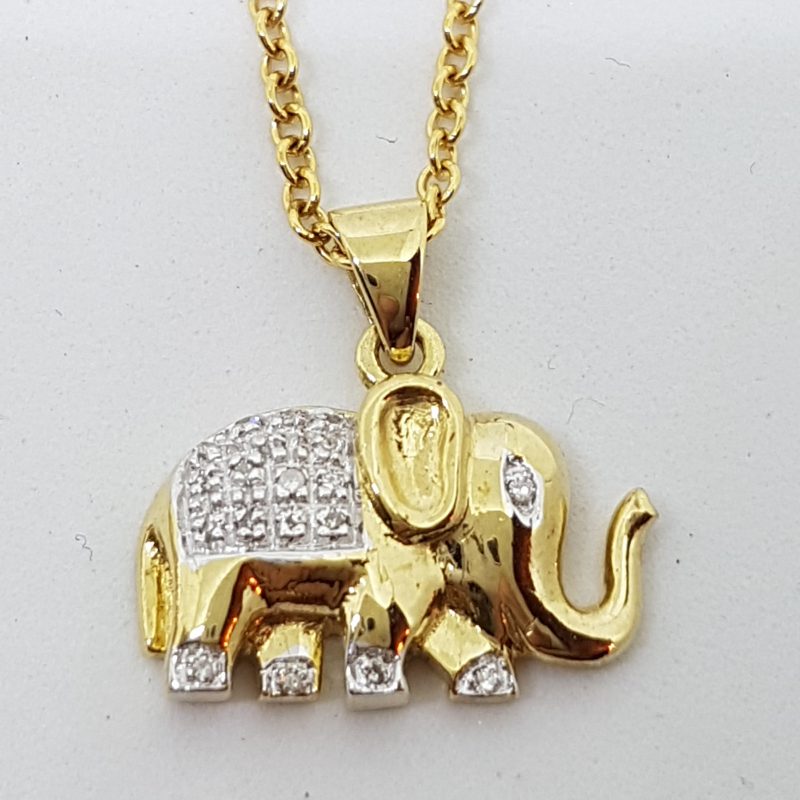 9ct Yellow Gold Diamond Elephant Pendant on Gold Chain