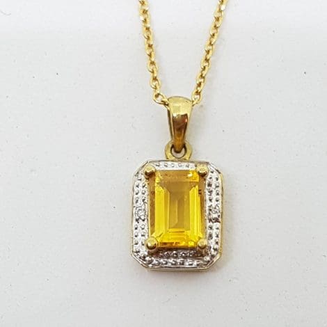 9ct Yellow Gold Rectangular Citrine & Diamond Pendant on Gold Chain