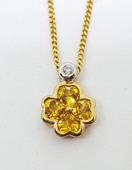 9ct Yellow Gold Citrine & Diamond Flower Cluster Pendant on Gold Chain
